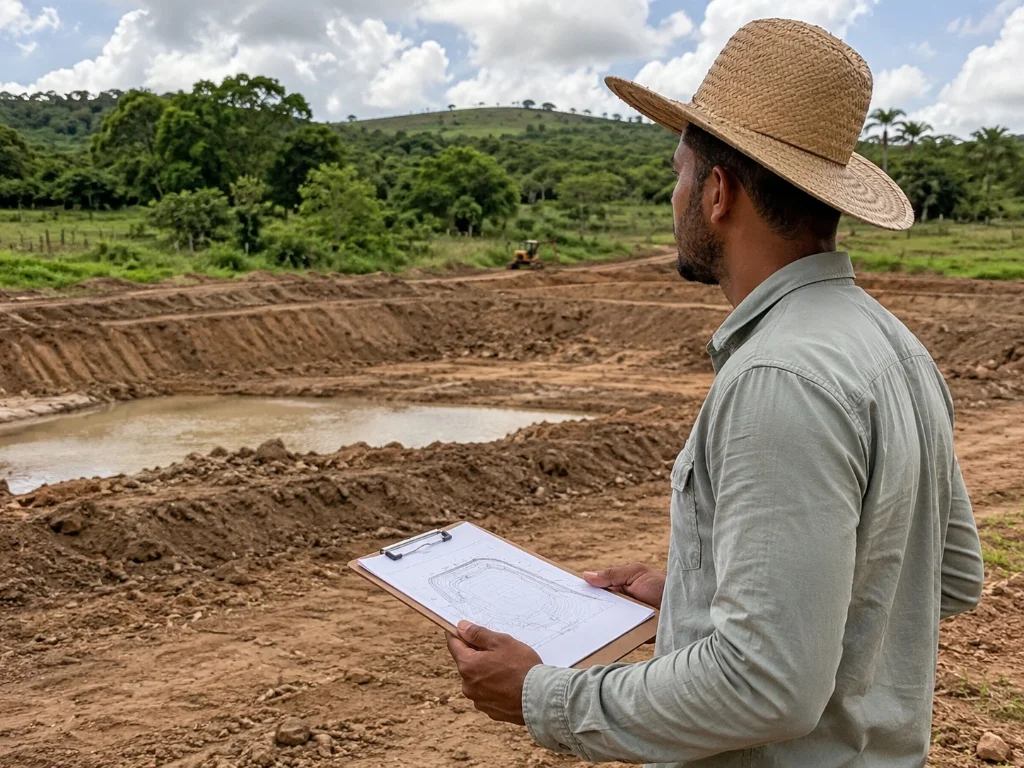 Produtor rural de chapéu de palha analisando plano de viveiro em prancheta