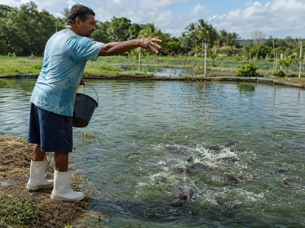 Produtor rural alimentando peixes com ração em viveiro de piscicultura