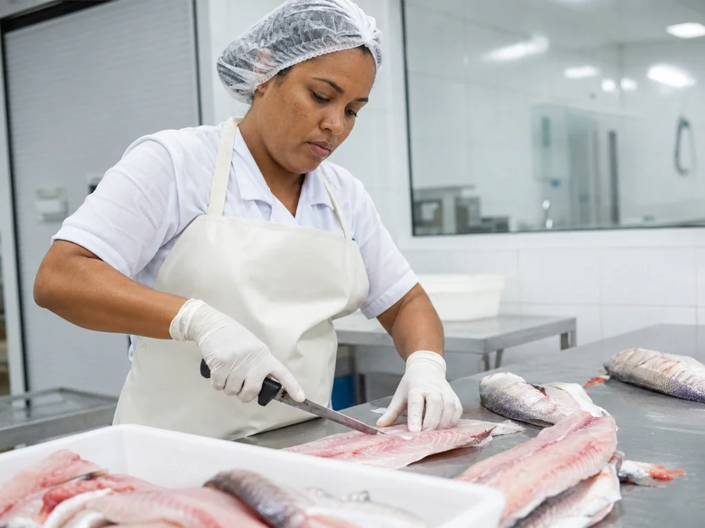 Técnica em processamento de pescado cortando filé de peixe fresco em bancada de inox com avental e touca