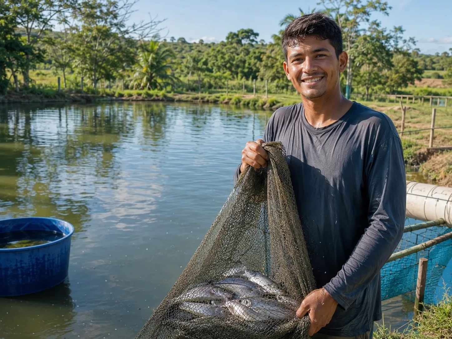 Jovem produtor segurando rede com peixes em viveiro