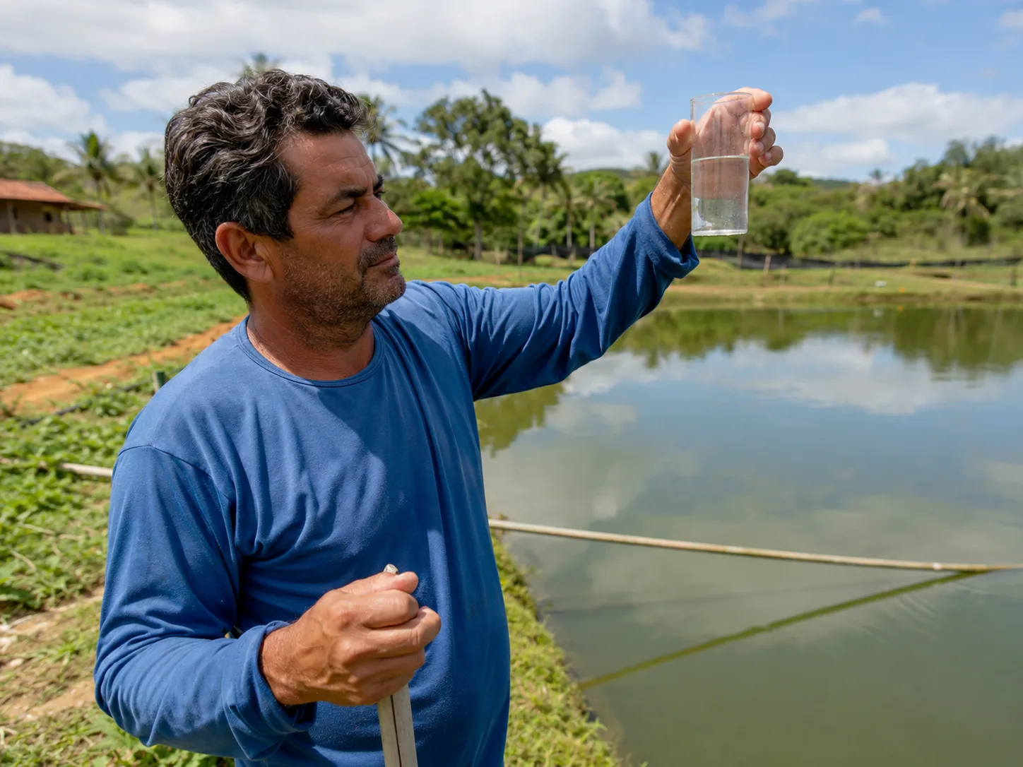 Produtor avaliando amostra de água em viveiro de aquicultura