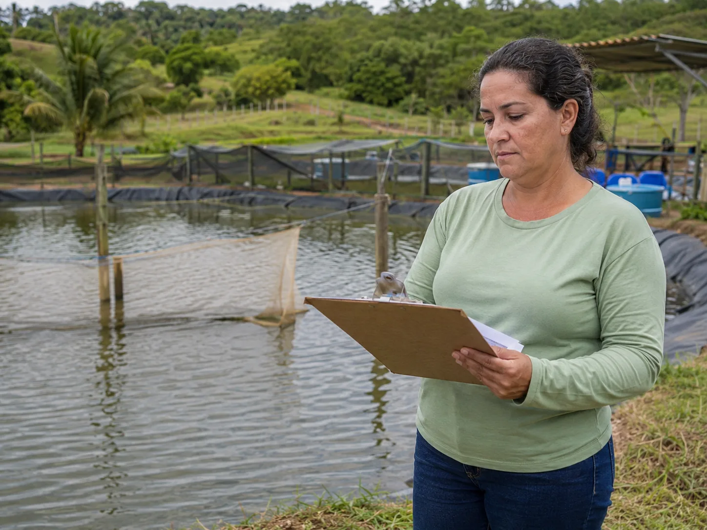 Produtora conferindo documentos em viveiro de aquicultura