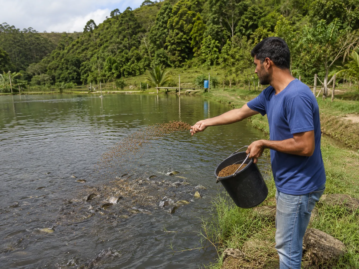 Produtor alimentando peixes em viveiro de aquicultura