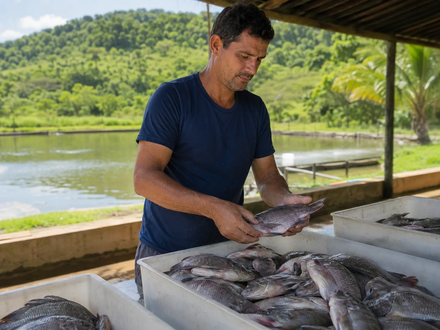 Produtor organizando pescado para comercialização