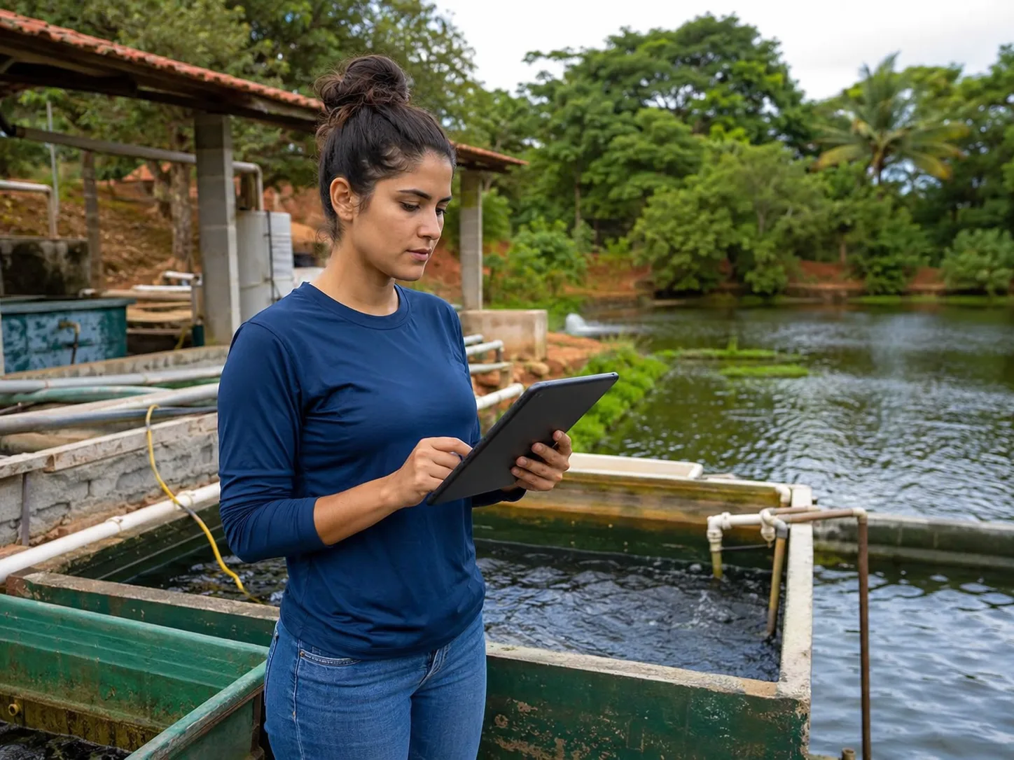 Técnica usando tablet em estrutura de aquicultura
